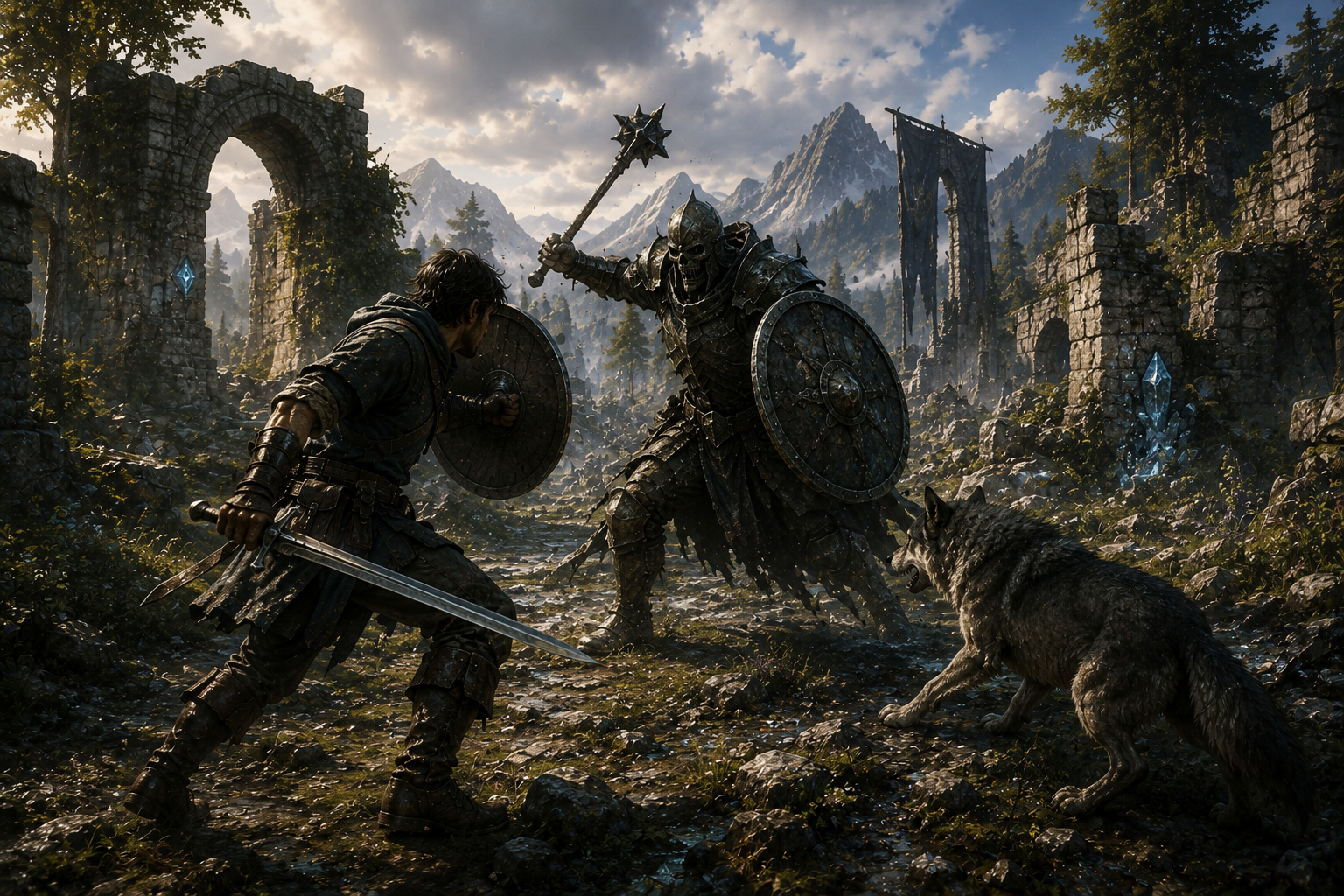 Combat art-direction concept showing a sword-and-shield adventurer and wolf companion confronting an armoured Barrow Knight.