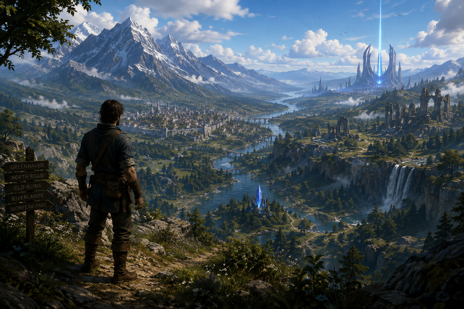 Exploration concept showing an adventurer overlooking a broad mountain valley with forests, waterways, settlements, ruins and luminous Aether landmarks.