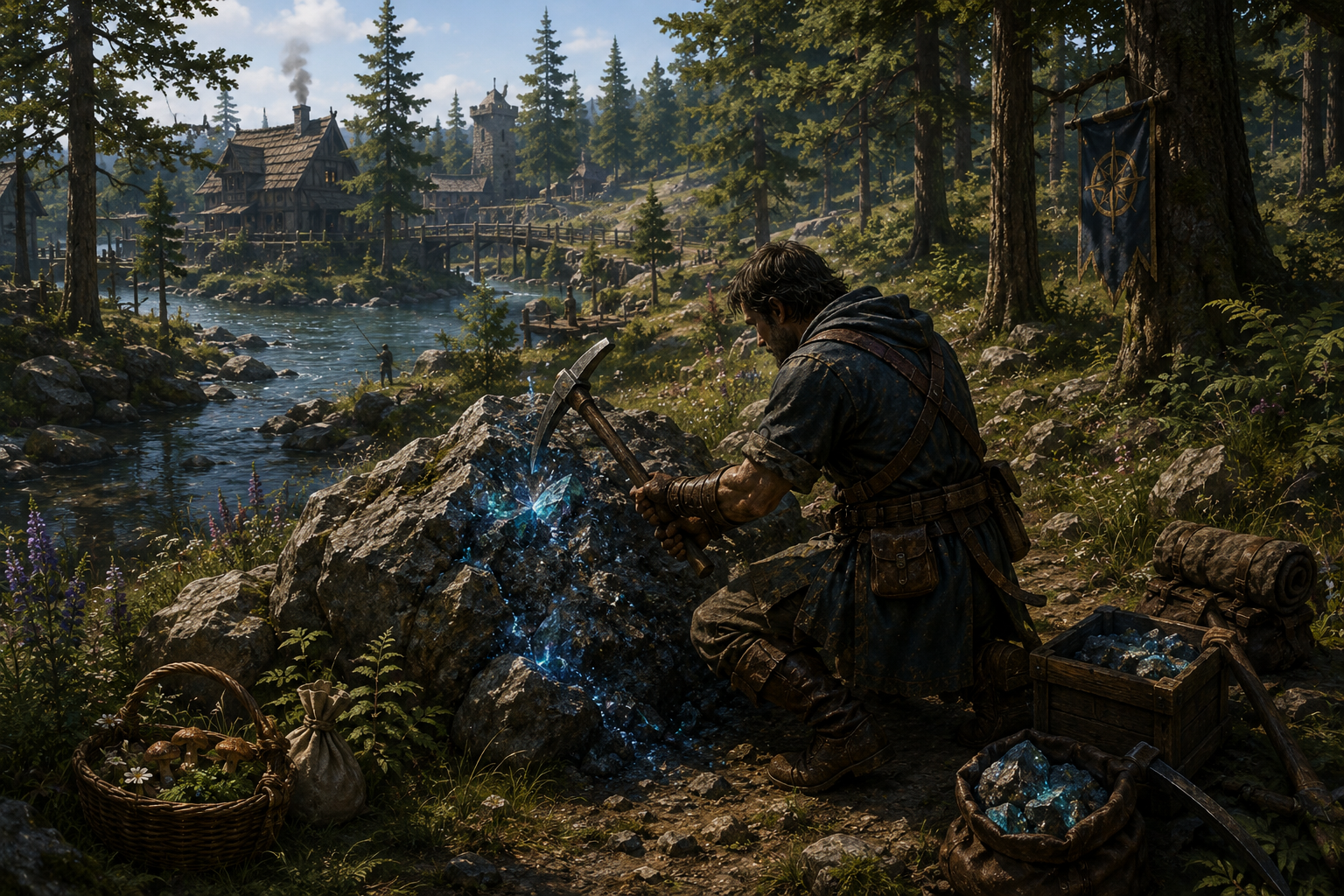 Art-direction concept of an adventurer gathering and crafting beside a forest river, with mining, fishing and smithing activities represented.