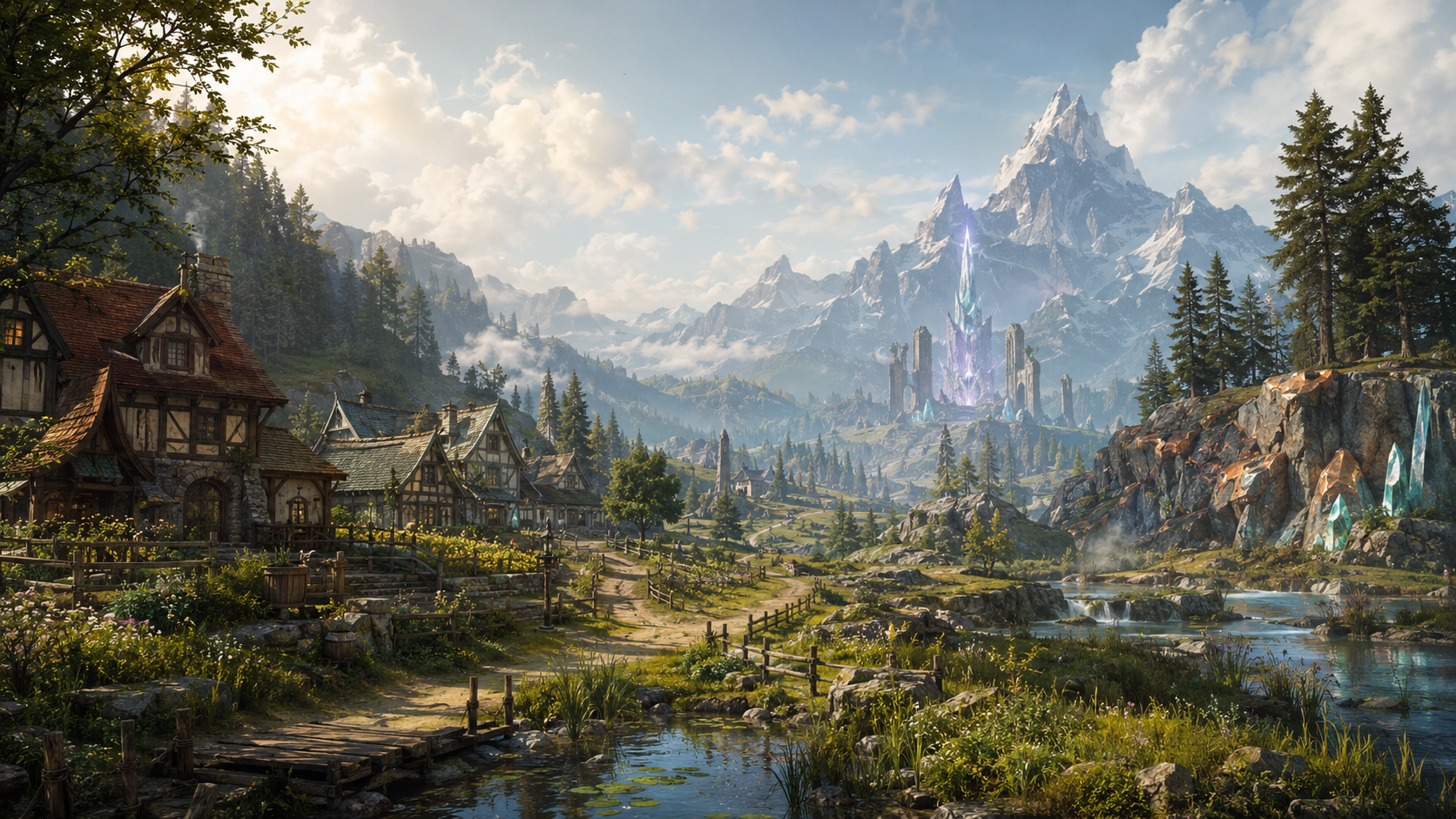 Concept view of Greenhaven valley with mountains, settlement, waterways and distant Aether structures.